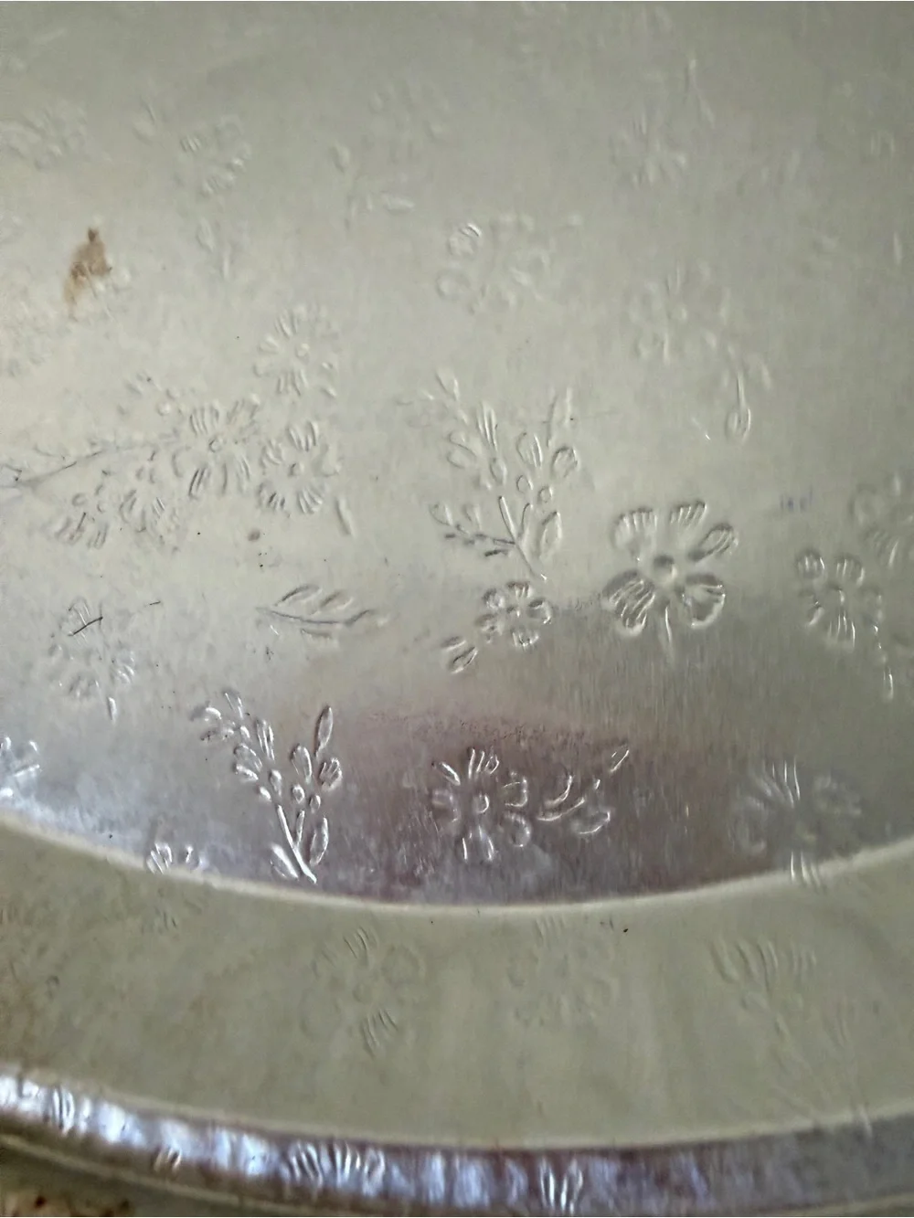 Embossed Silver Round Serving Tray with flowers lightweight
